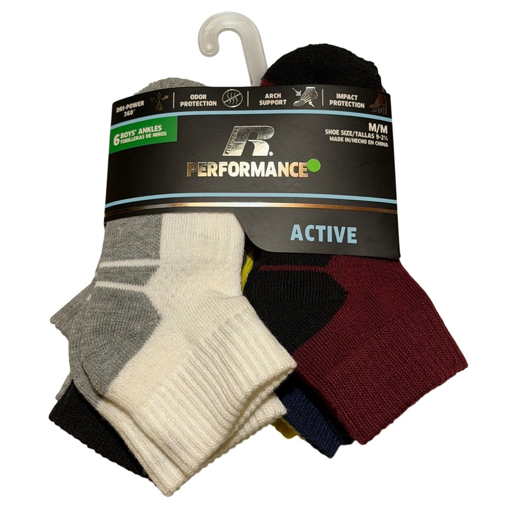 Russell Performance Ankle Socks Multi-Color Active Arch Support 6 Pair M/M Boys‎
